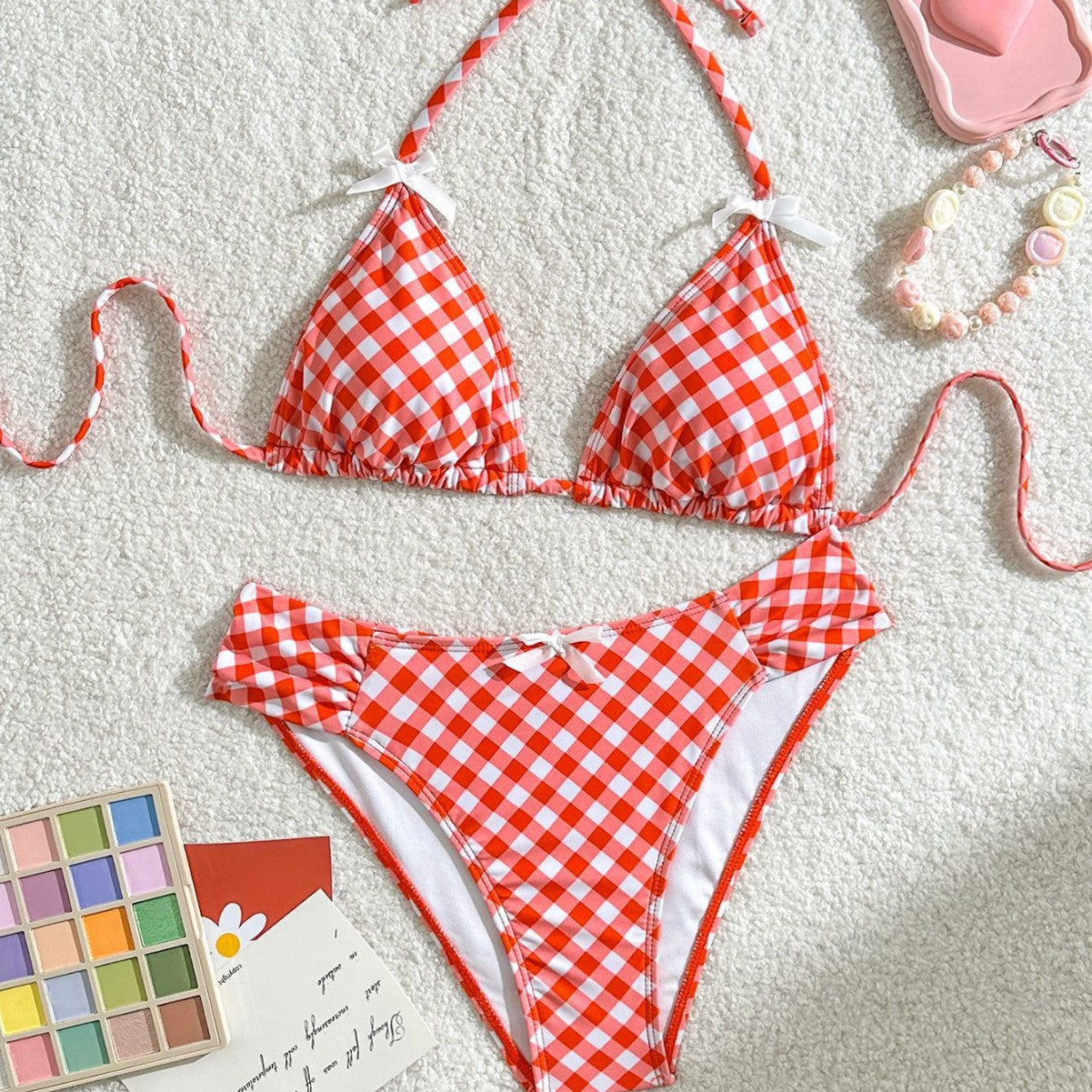 Damen Triangel-Bikini mit verspieltem Karomuster