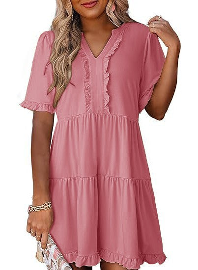 Damen nan leichtes Swingkleid mit V-Ausschnitt, gestufter Rockpartie und zarten Volants R&B