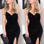 Damen Glamouröses Abendkleid mit tiefem V-Ausschnitt und seitlichem Schlitz R&B