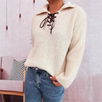 Damen lässiger Strickpullover mit dekorativem Schnürdetail und breiten Ärmel R&B