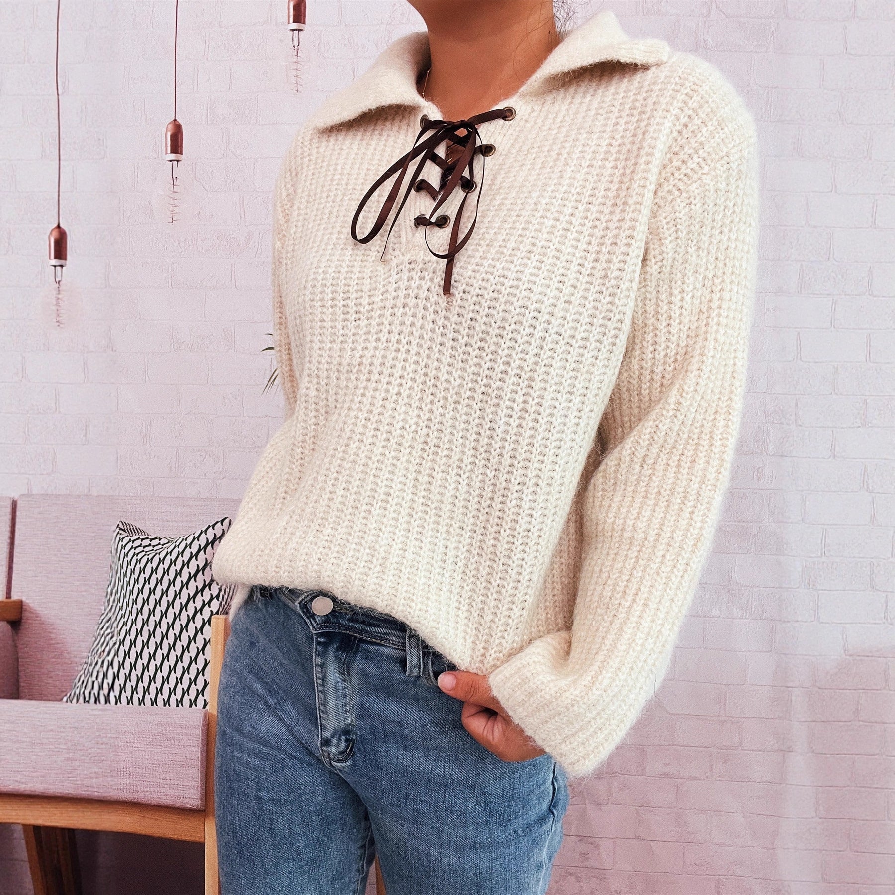 Damen lässiger Strickpullover mit dekorativem Schnürdetail und breiten Ärmel R&B