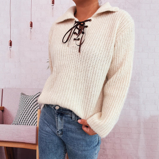 Damen lässiger Strickpullover mit dekorativem Schnürdetail und breiten Ärmel R&B