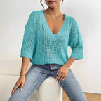 Damen luftiger Strickpullover mit V-Ausschnitt und dekorativem Lochmuster R&B