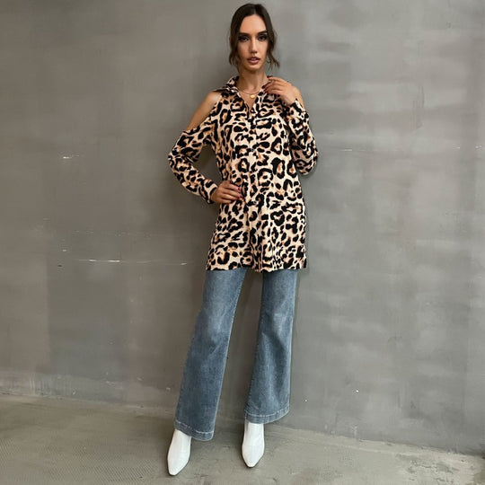 Damen Bluse mit offenen Schultern und Leopardenmuster R&B