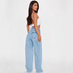 Damen Weit geschnittene Jeanshose mit fransigem Saum und hohem Bund R&B