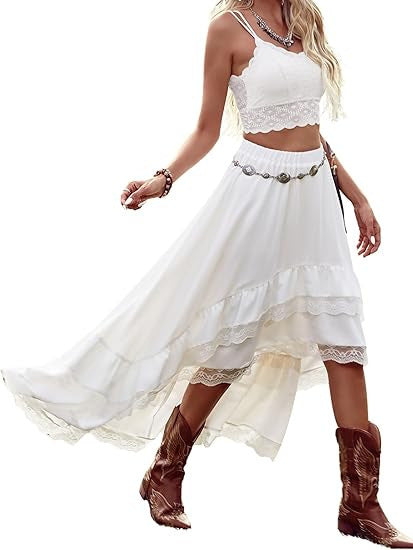 Damen Boho Maxi-Rock mit asymmetrischem Saum und Spitzenverzierungen R&B
