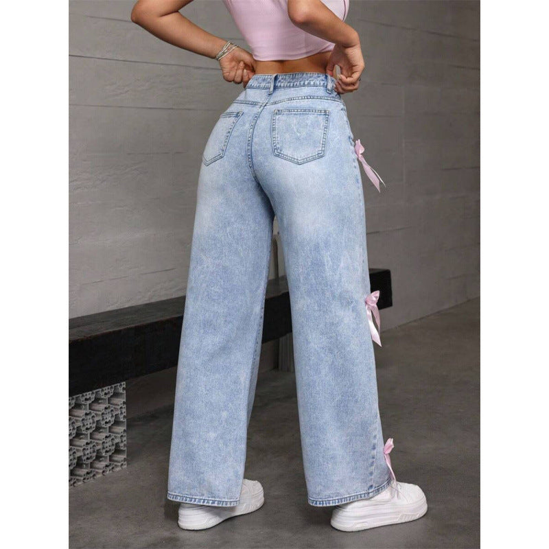 Damen Weite Jeans mit dekorativen Schleifen-Details R&B