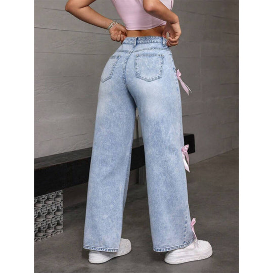 Damen Weite Jeans mit dekorativen Schleifen-Details R&B