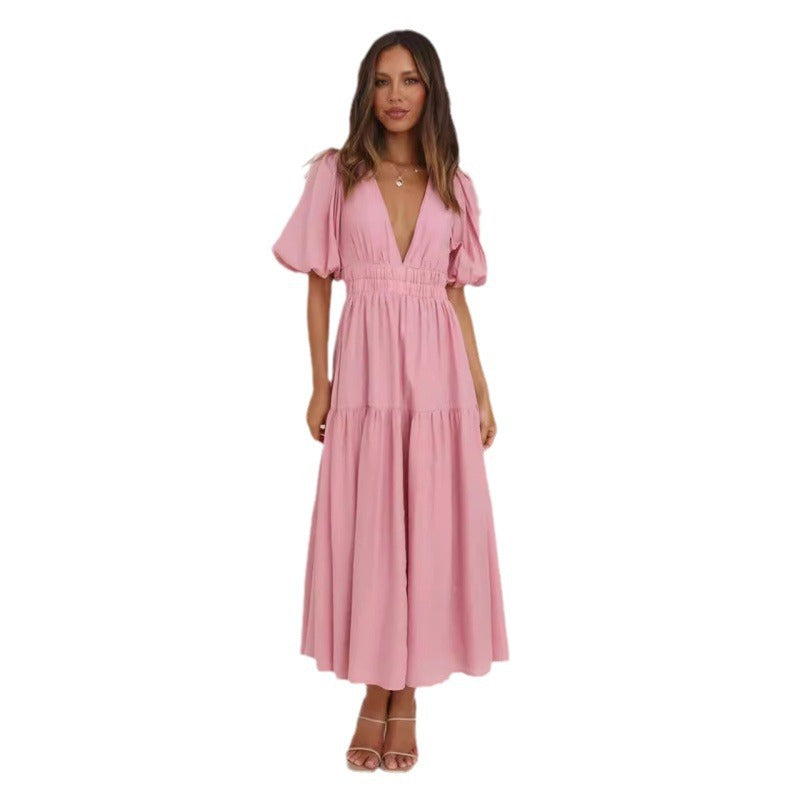 Damen Midi-Kleid mit Puffärmeln und tiefem V-Ausschnitt R&B