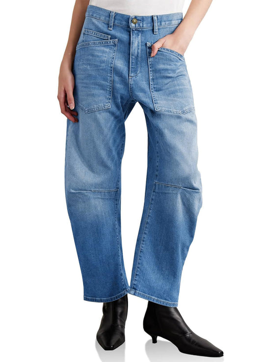 Damen halbhohe Denim-Hose mit einzigartigen aufgesetzten Taschen R&B