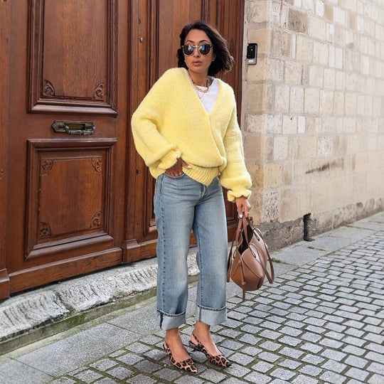 Damen kuscheliger Wickelpullover mit überschnittenen Ärmeln R&B