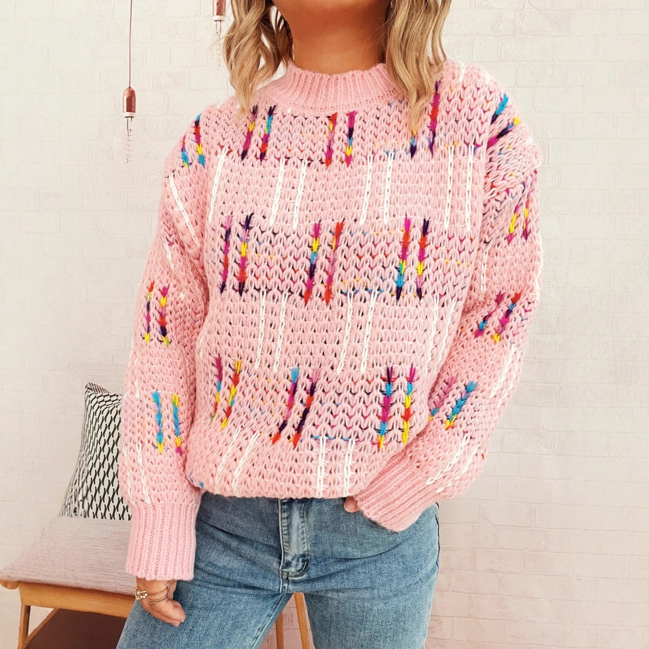 Damen lässiger Strickpullover mit vielseitigem Farbenspiel und hohem Kragen R&B