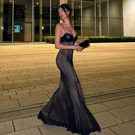 Damen Maxi-Kleid mit verführerischen Spitzeneinsätzen und Rüschendetails R&B