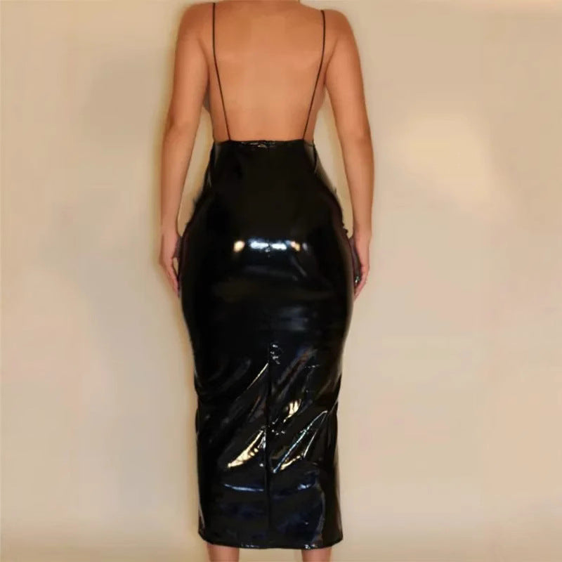 Damen glänzendes Kunstleder Kleid im Bodycon-Stil R&B