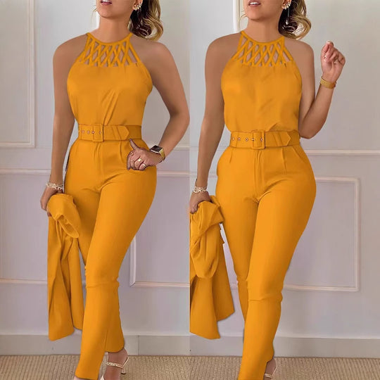 Damen Eleganter Jumpsuit mit schickem Gürtel und raffiniertem Cut-Out R&B