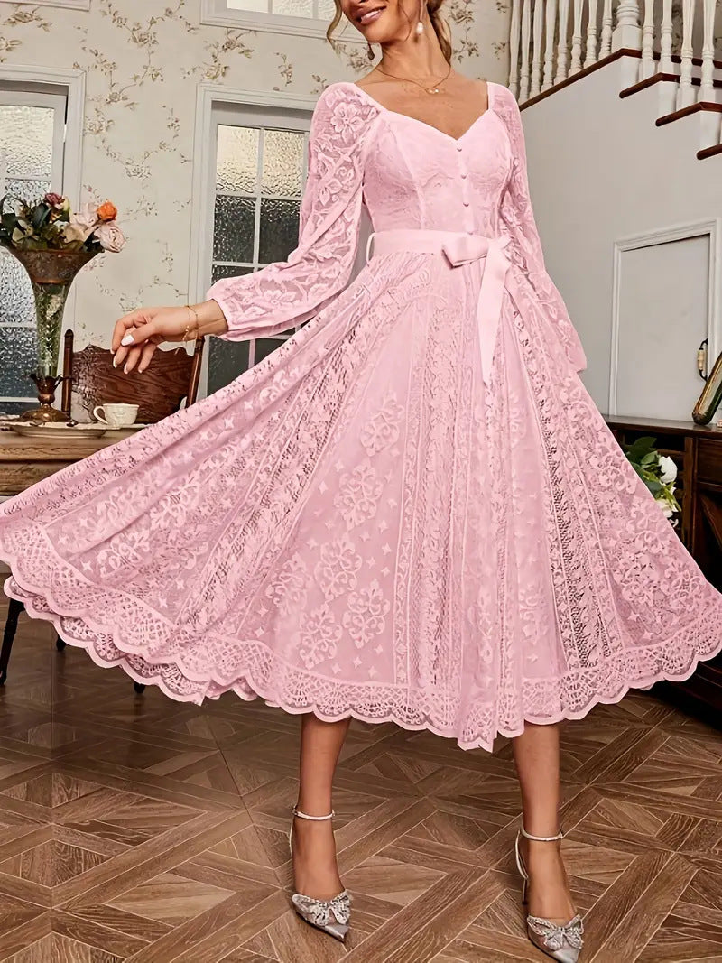 Damen Elegantes Spitze Midi-Kleid mit puffärmel und Taillenbindung R&B