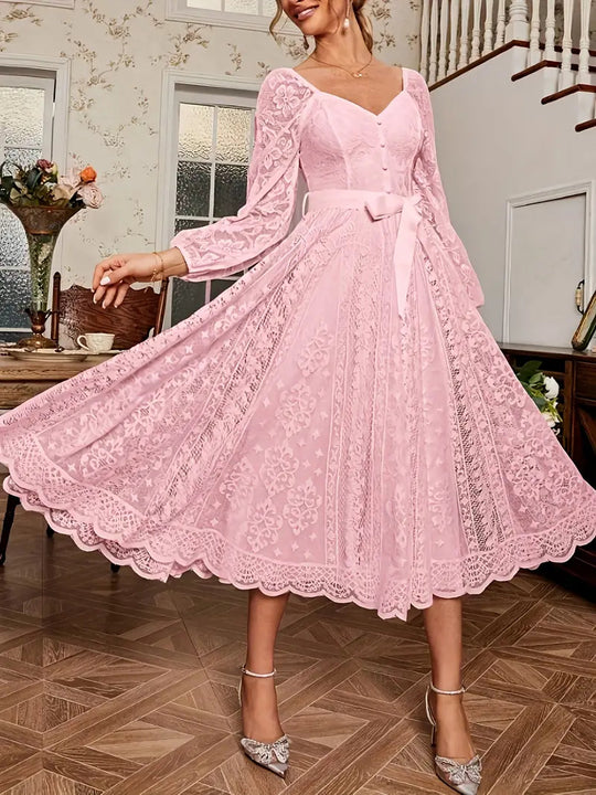 Damen Elegantes Spitze Midi-Kleid mit puffärmel und Taillenbindung R&B