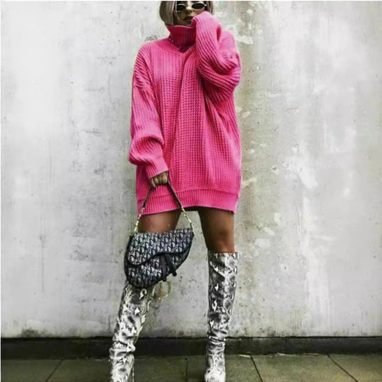 Damen Oversized Strickpullover im strukturierten Look mit hohem Kragen R&B