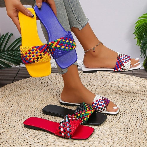 Damen Flache Riemchensandalen mit geflochtenem Design und modischem Farbakzent R&B