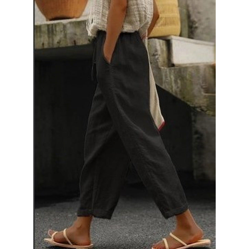Damen lässige Leinenhose mit elastischem Bund und seitlichen Taschen R&B