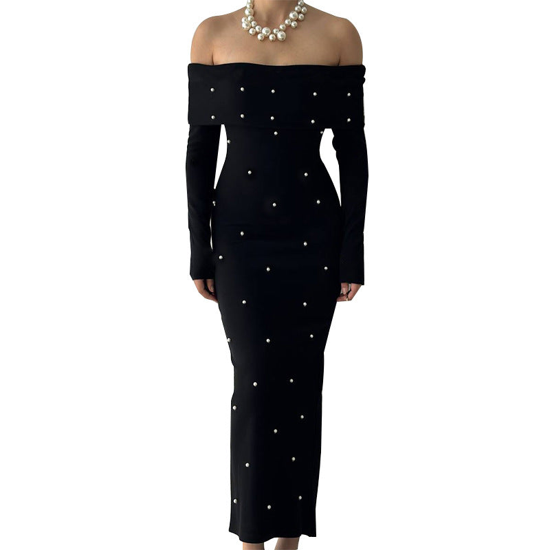 Damen schulterfreies Maxikleid mit eleganter Perlenverzierung und figurbetontem Schnitt R&B