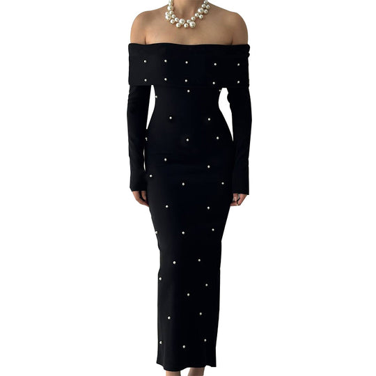 Damen schulterfreies Maxikleid mit eleganter Perlenverzierung und figurbetontem Schnitt R&B