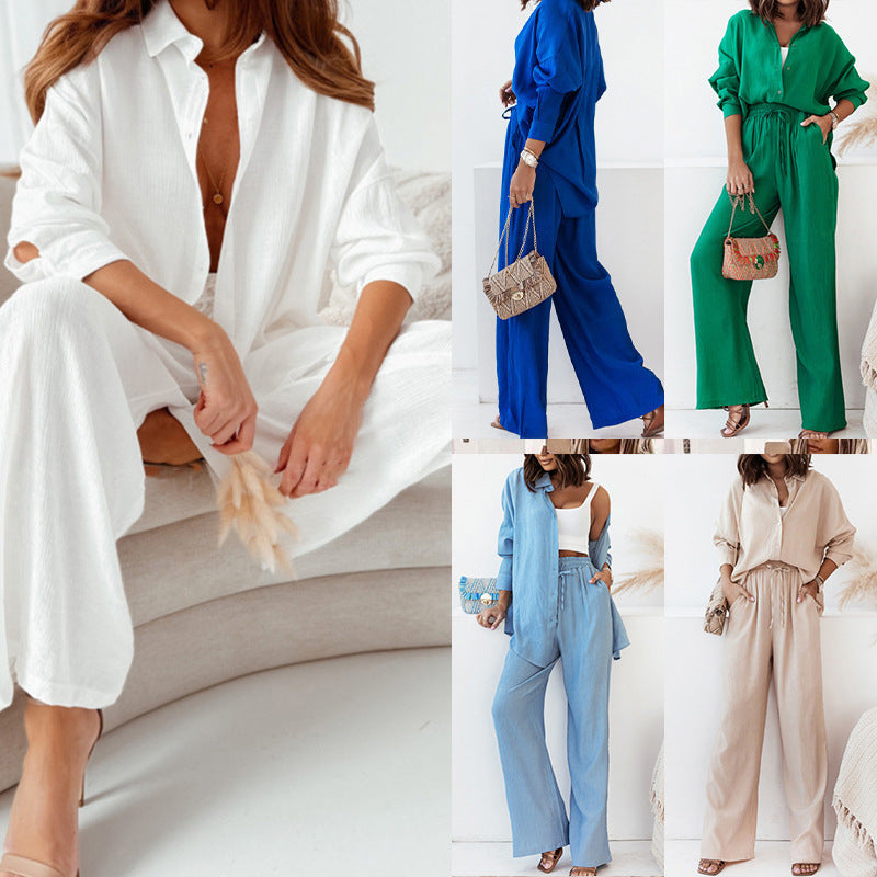Damen lässiges Zweiteiliges Set mit lockerer Bluse und weiten Hosen aus Leinen R&B