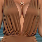 Damen Eleganter Badeanzug mit tiefem V-Ausschnitt und seitlicher Raffung R&B