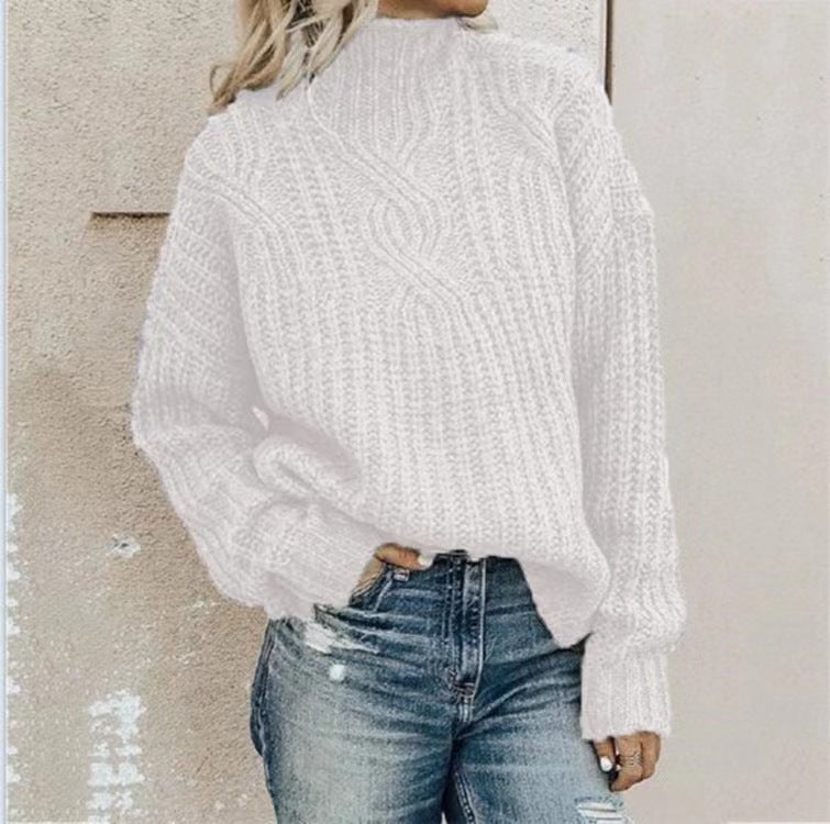 Damen Strickpullover mit hohem Kragen und Zopfmuster R&B