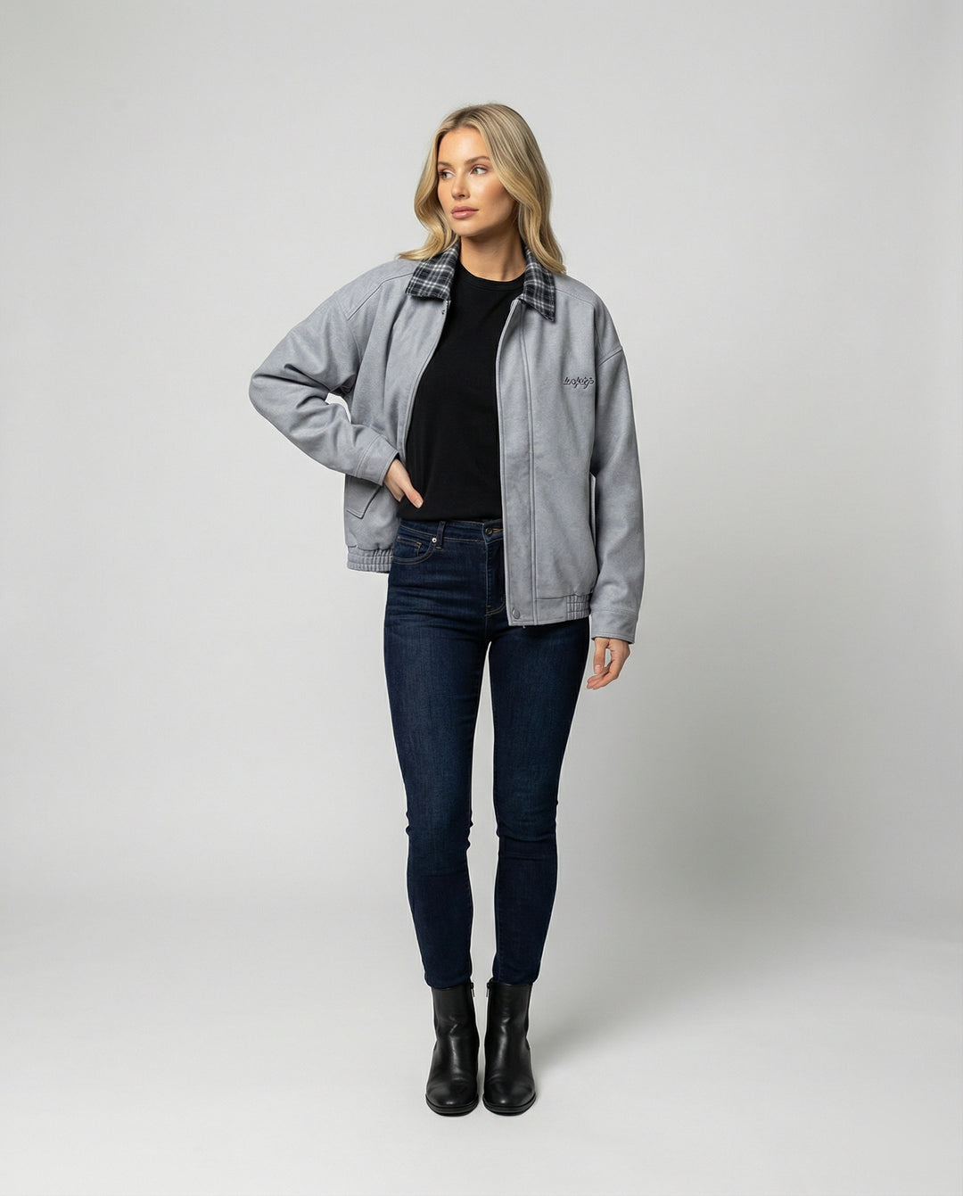Damen Retro Motorradjacke Wildlederoptik mit Karo-Revers und Stitching