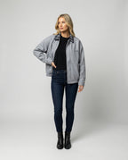 Damen Retro Motorradjacke Wildlederoptik mit Karo-Revers und Stitching