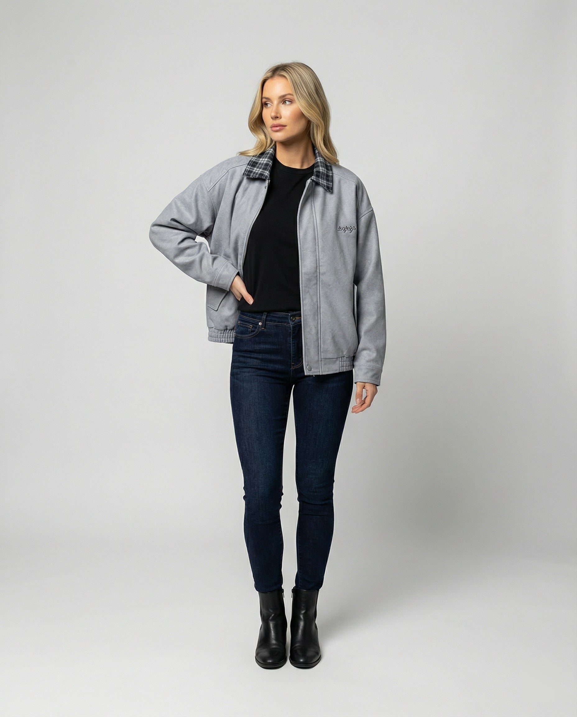 Damen Retro Motorradjacke Wildlederoptik mit Karo-Revers und Stitching