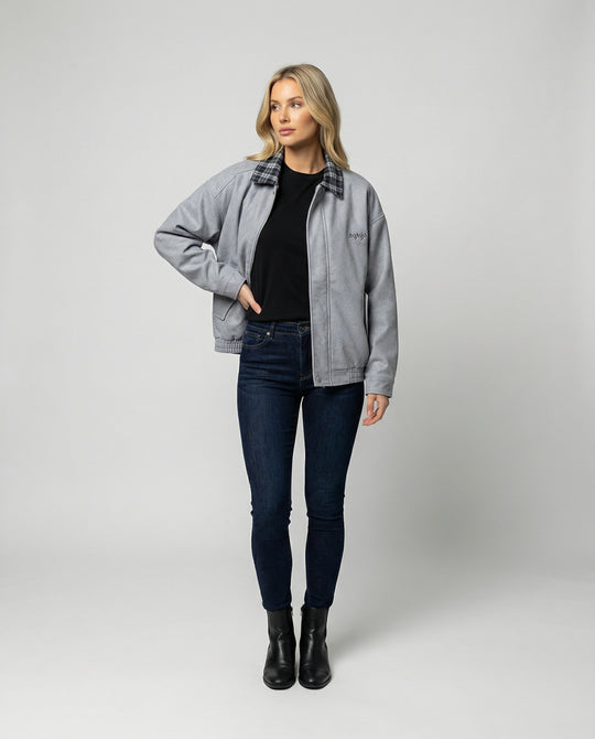 Damen Retro Motorradjacke Wildlederoptik mit Karo-Revers und Stitching