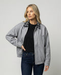Damen Retro Motorradjacke Wildlederoptik mit Karo-Revers und Stitching