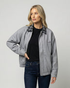Damen Retro Motorradjacke Wildlederoptik mit Karo-Revers und Stitching