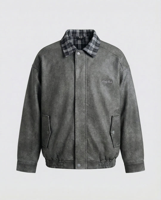 Damen Retro Motorradjacke Wildlederoptik mit Karo-Revers und Stitching