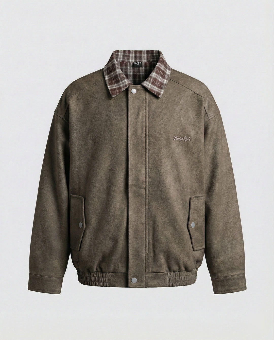 Damen Retro Motorradjacke Wildlederoptik mit Karo-Revers und Stitching