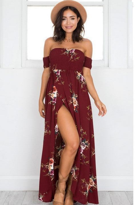 Damen Off-Shoulder Strandkleid mit floralem Muster und fließendem Schnitt R&B