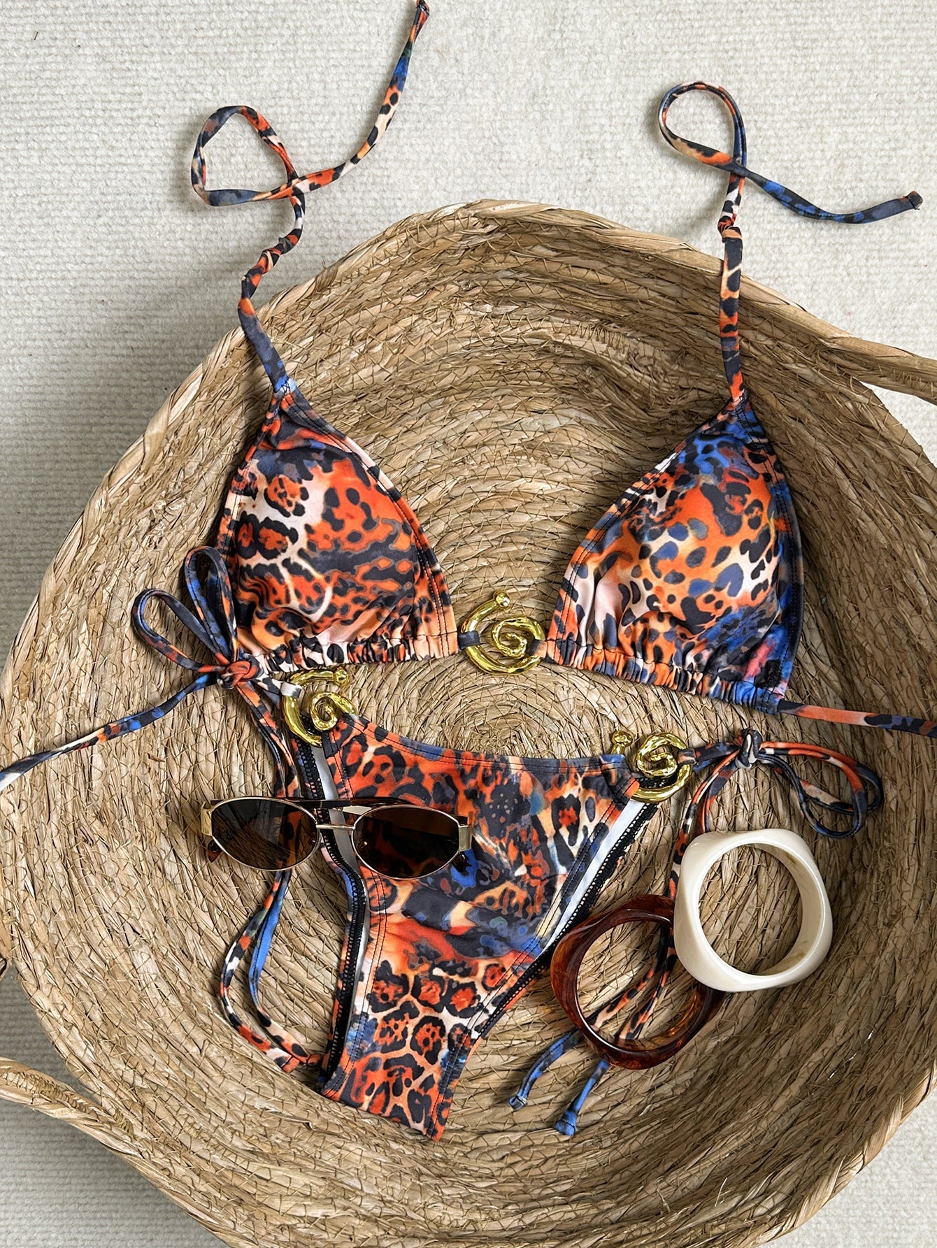 Damen Triangel-Bikini mit verstellbaren Trägern und animalischem Muster R&B