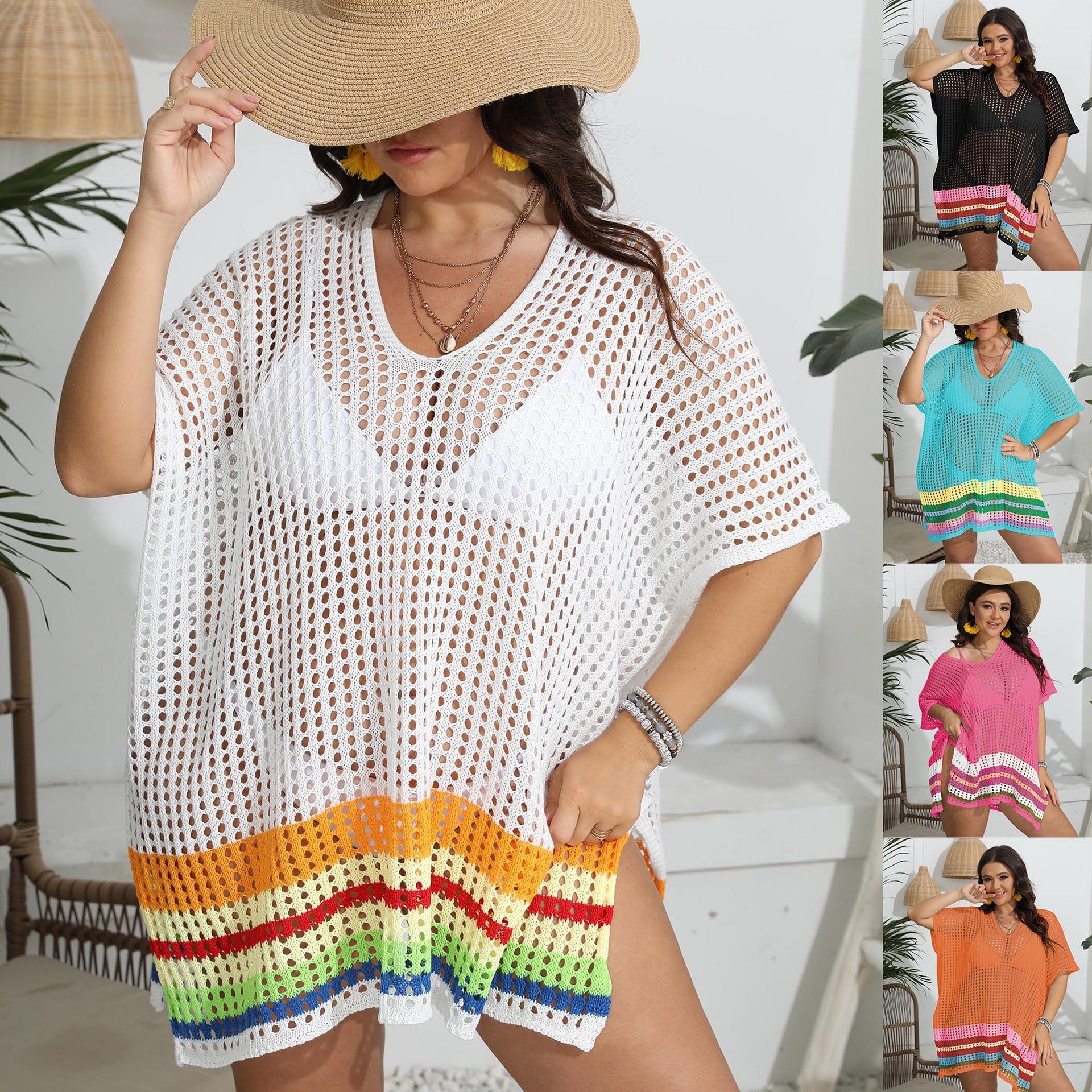 Damen transparenter Strandüberwurf mit buntem Lochdesign R&B