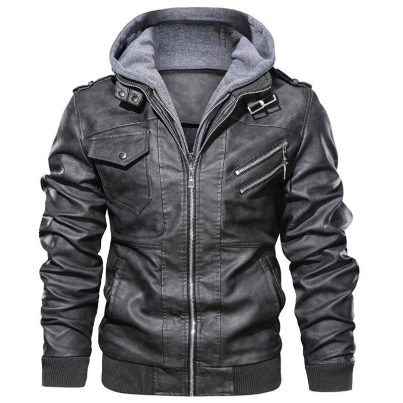 Herren lässige Kunstlederjacke mit abnehmbarer Kapuze und zahlreichen Taschen R&B