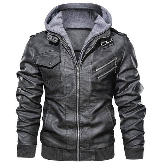 Herren lässige Kunstlederjacke mit abnehmbarer Kapuze und zahlreichen Taschen R&B