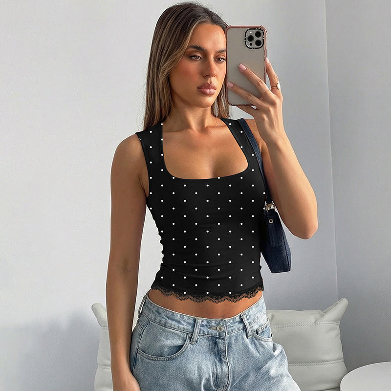 Damen Polka-Dots Trägershirt mit Spitzenrand R&B