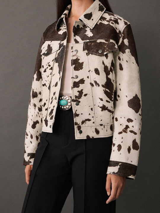 Damen Kurzjacke im modernen Cowhide-Design mit runden Taschen und Druckknöpfen R&B