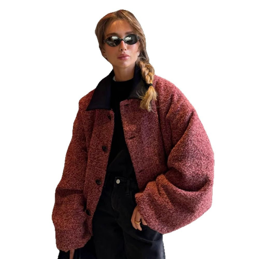 Damen kuschelige Oversize-Jacke mit großem Kragen R&B