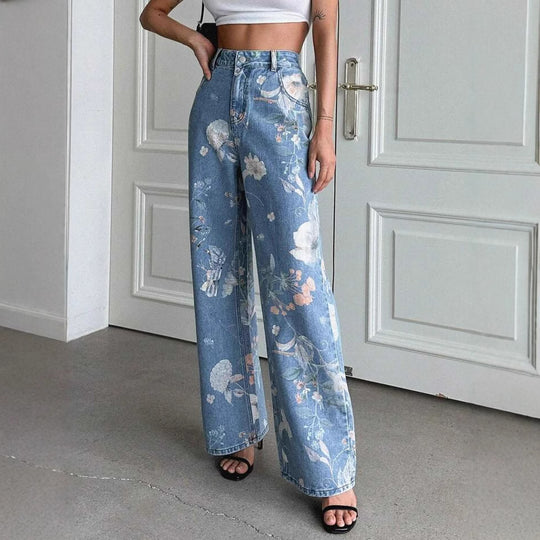 Damen Weite Denim-Hose mit floralem Muster und hohem Bund R&B
