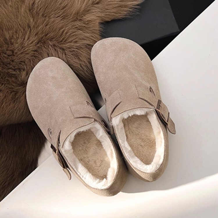 Damen bequeme Filzclogs mit weichem Kunstfellfutter und modischem Schnallenverschluss R&B