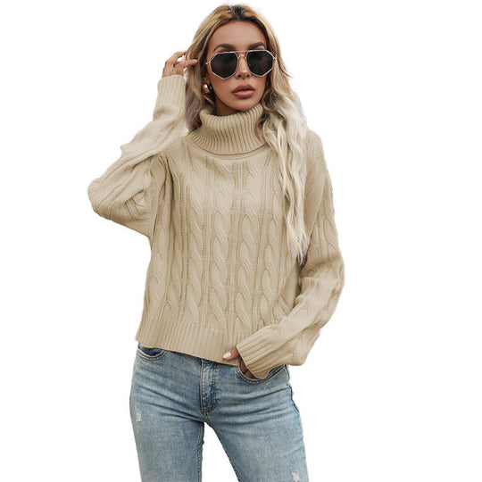Damen Grobstrickpullover mit hohem Rollkragen und markantem Zopfmuster R&B