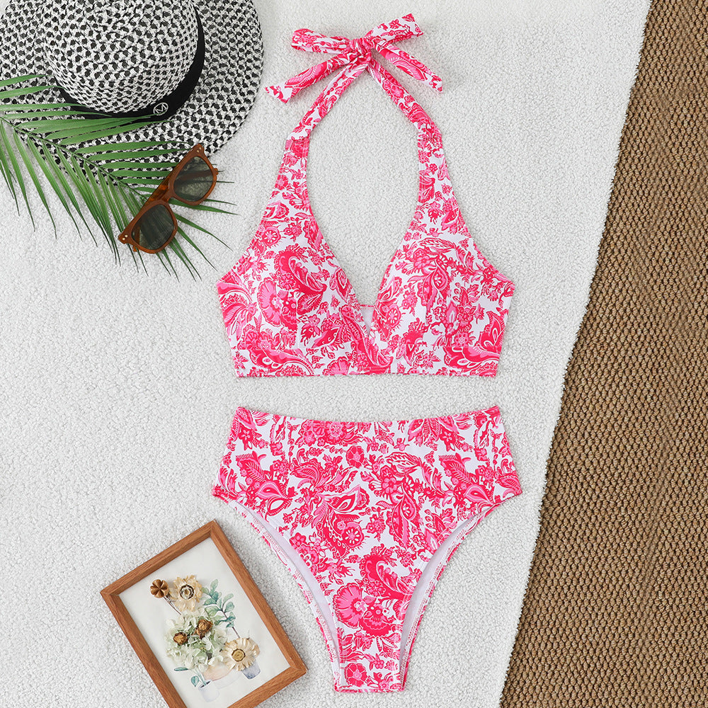 Damen Hochtailliertes Bikini-Set mit floralem Design und verspieltem Halteroberteil R&B