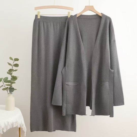 Damen lässiges Strickensemble mit tiefem V-Ausschnitt und praktischen Taschen R&B